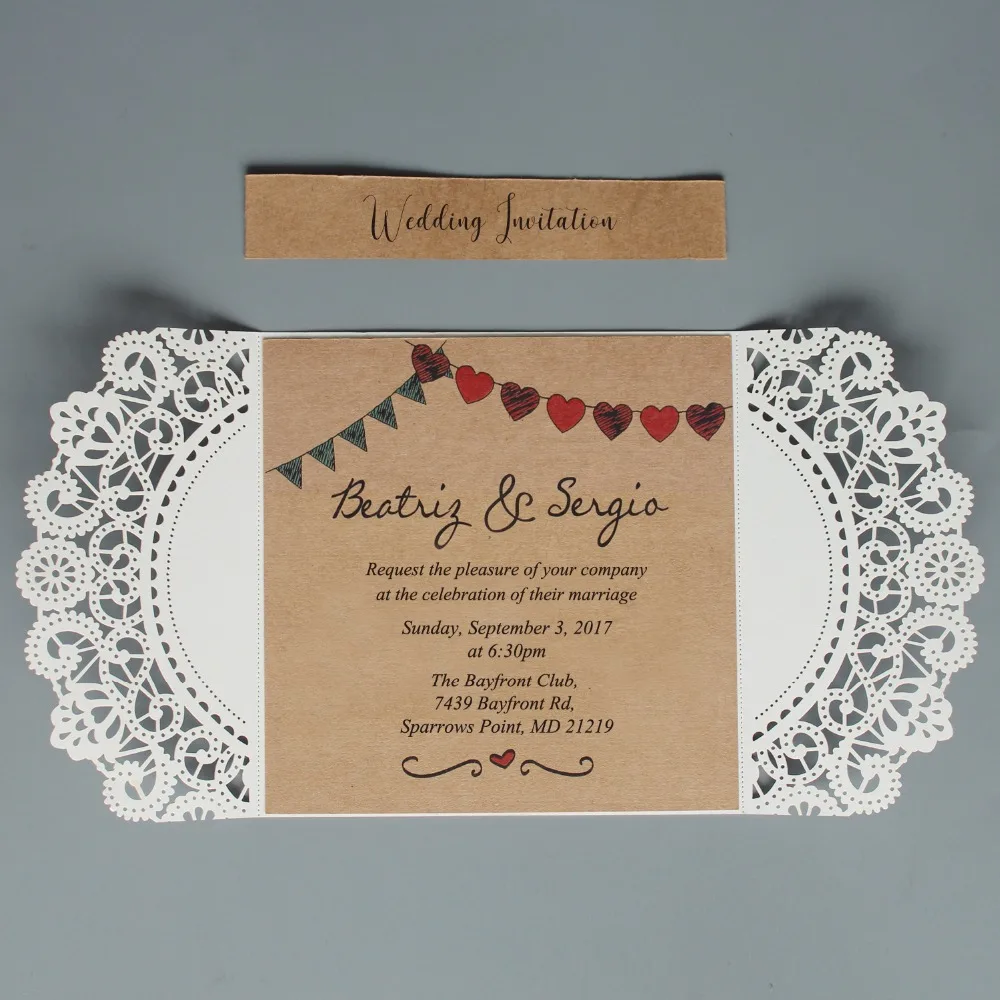  Rustic Wedding Invitation Ivory Lace Wedding Invite Kraft Paper Invitation Cards - Set of 50 pcs - 32898201540