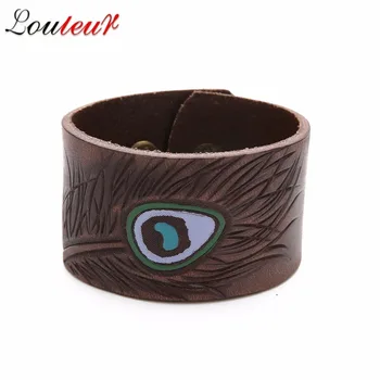 

LOULEUR Punk Feather Wide Leather Bracelet Embossed Oil Eyes Bracelets Handmade Men Women Personality Jewelry Valentine's Day