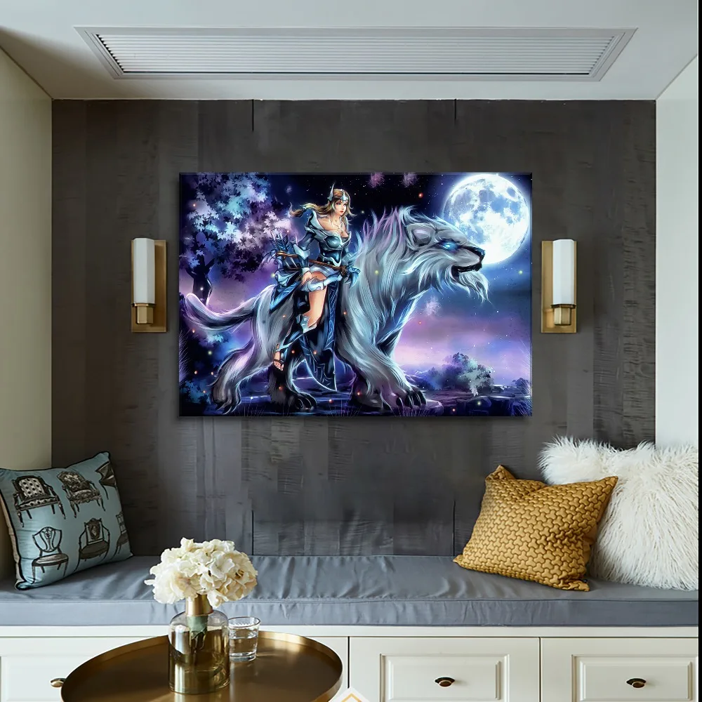 Картина на холсте, 4 шт., рисунок в виде Луны и ночи, дота 2, зверь и воин, Мирана, игра, плакат, настенное искусство, домашний декор, напечатанная картина