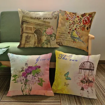 

Nostalgic Flower France Arch of Triumph Retro Style Seat Pillows Home Decor High Quality Cotton Linen Square Floral Sofa Cushion