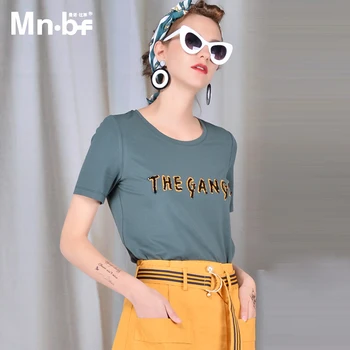 

MnBf Female T shirt Women Letter Printed Short Sleeve O Neck Casual Green Color Cotton Casual T-shirt Tops