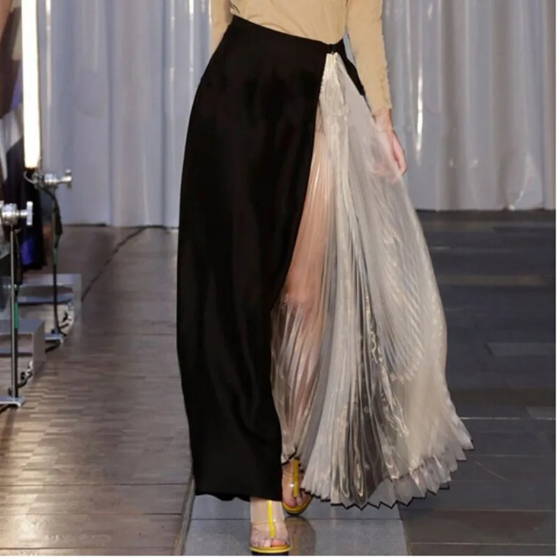 

2019 Summer Autumn High Quality Show Patchwork Organza Pleated Chiffon Skirt Ladies A-line Black/White Vintage Long Maxi Skirts