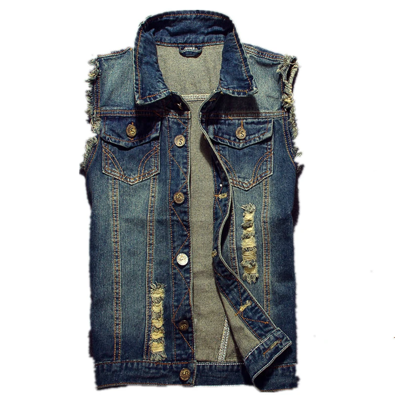 

2019 Men Cowboy Brand Sleeveless Jacket Male Tank Ripped Jean Jacket Men's Denim Vest Hip Hop Jean Coats Waistcoat Plus Size 6XL