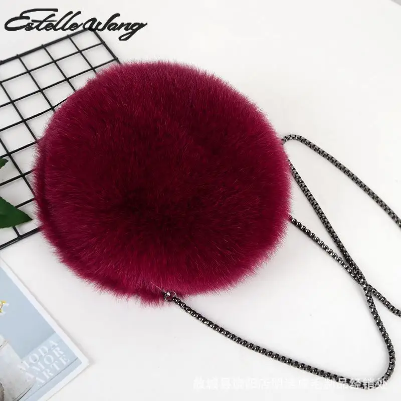 

Estelle Wang Really Fox Fur Oblique Small Bag Women Chain Circular Shoulder Bag Warm Patchwork Color Crossbody Handbag Clutch