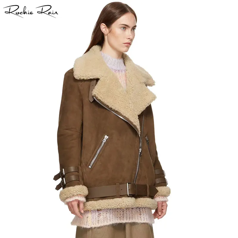 

Women's Oversize Genuine Leather jacket sheepskin Shearling Coat Lamb fur Bomber Real Fur Leather Overcoat