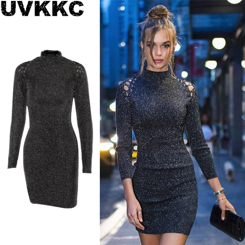 Uvkkc женские платья осень мода Femme Vestido выдалбливают водолазка Высокая талия