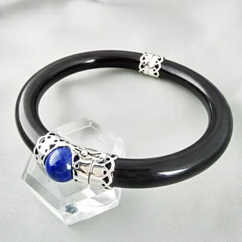 

Authentic 925 Sterling Silver Bangles For Women Sanders Wood Bangle Openable Inlaid Natural Lapis Minimalist Elegance Jewelry