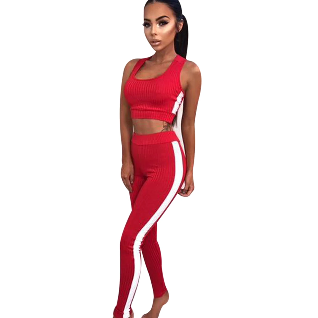 New Fashion Crop Tops + Leggings Sets Womens 2 Pcs Vest Bra Slim Fit