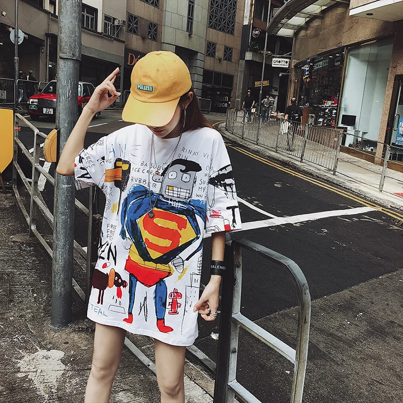 Женская винтажная длинная футболка Harajuku белая с коротким рукавом и