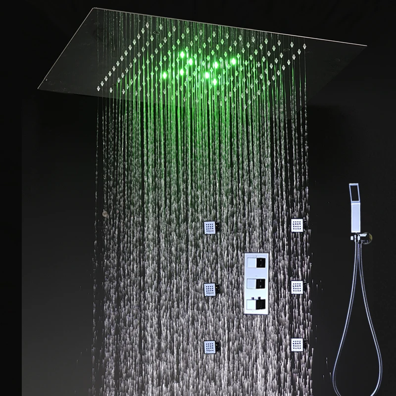 Luxury Concealed Ceiling LED Big Rainfall Massage Shower Panel Set Body Jets Spray Thermostatic