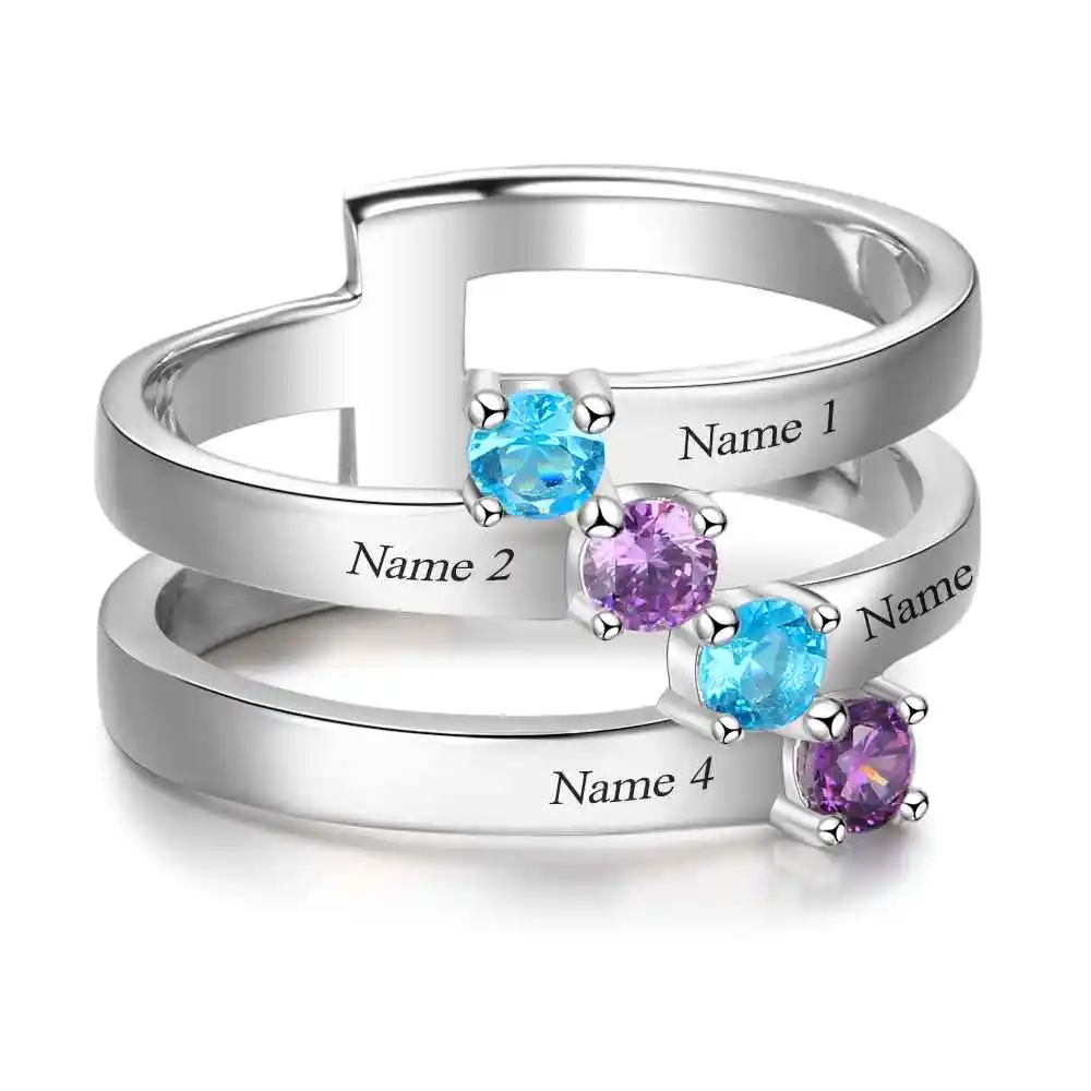 Personalized Gift for Family Engrave 4 Names Childrens Birthstone Promise Rings 925 Sterling Silver Jewelry (JewelOra RI103281)