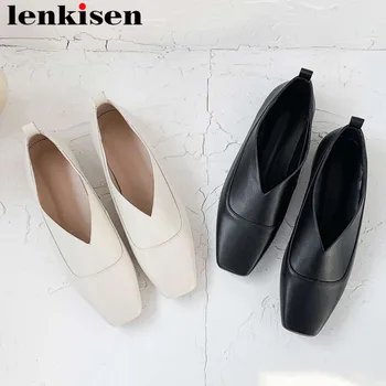 

Comfortable soft square toe hand-sewn leather loafers natural leather slip on pregnant woman concise campus grandma shoes L02