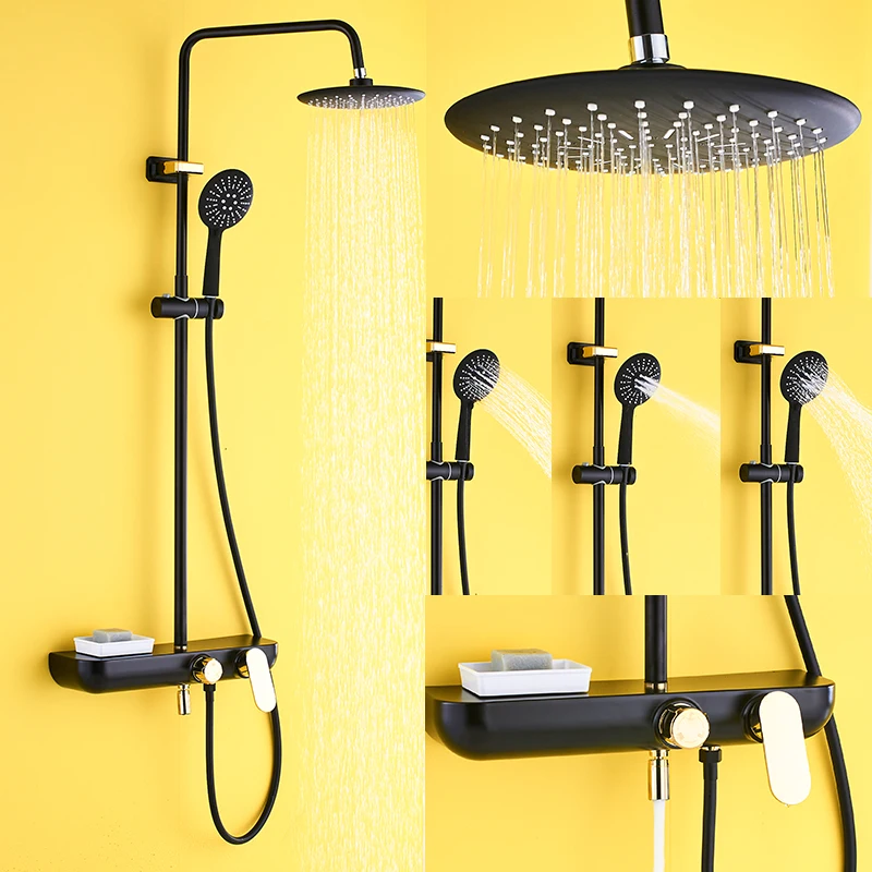 quyanre wanfan frap new arrival black gold shower faucets set blacking painting shower faucet with shelf swivel tub spout single handle mixer tap bathroom shower5