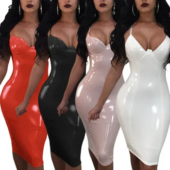 

Plus size PVC Wet Look Leather Dresse Slim Temperate Fashion Bandage Dress Sexy Strapless Leather Dress Women Bodycon Club Dress