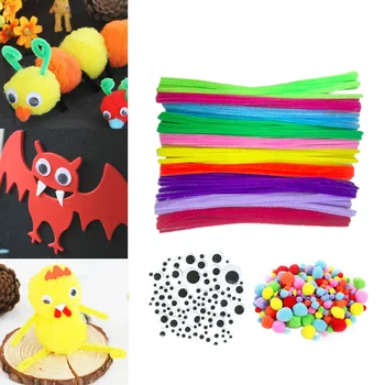 

500 DIY Colored Chenille Stems=100 Chenille Sticks Pipe Cleaner Stem 150 Wiggle Googly Eyes 250 Pom Poms Ball Hand Craft Toy