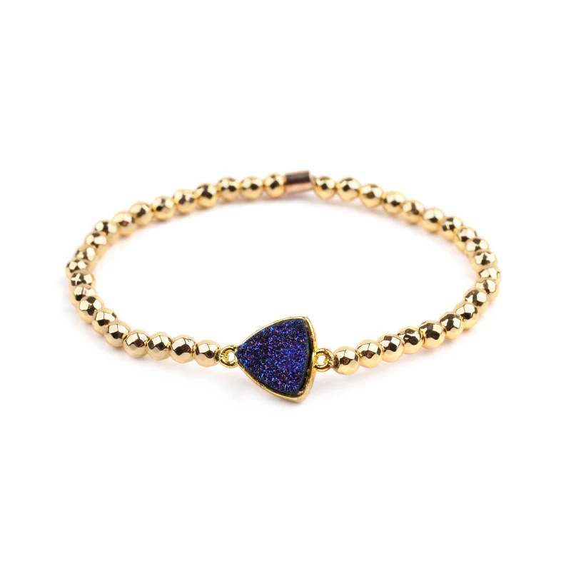 Роскошный богемский позолоченный маленький браслет из гематита, бисерный браслет для женщин, треугольник, натуральный камень друзы, эластичная нить, браслет, ювелирное изделие, BC331 - Окраска металла: 6-Gold Blue Druzy