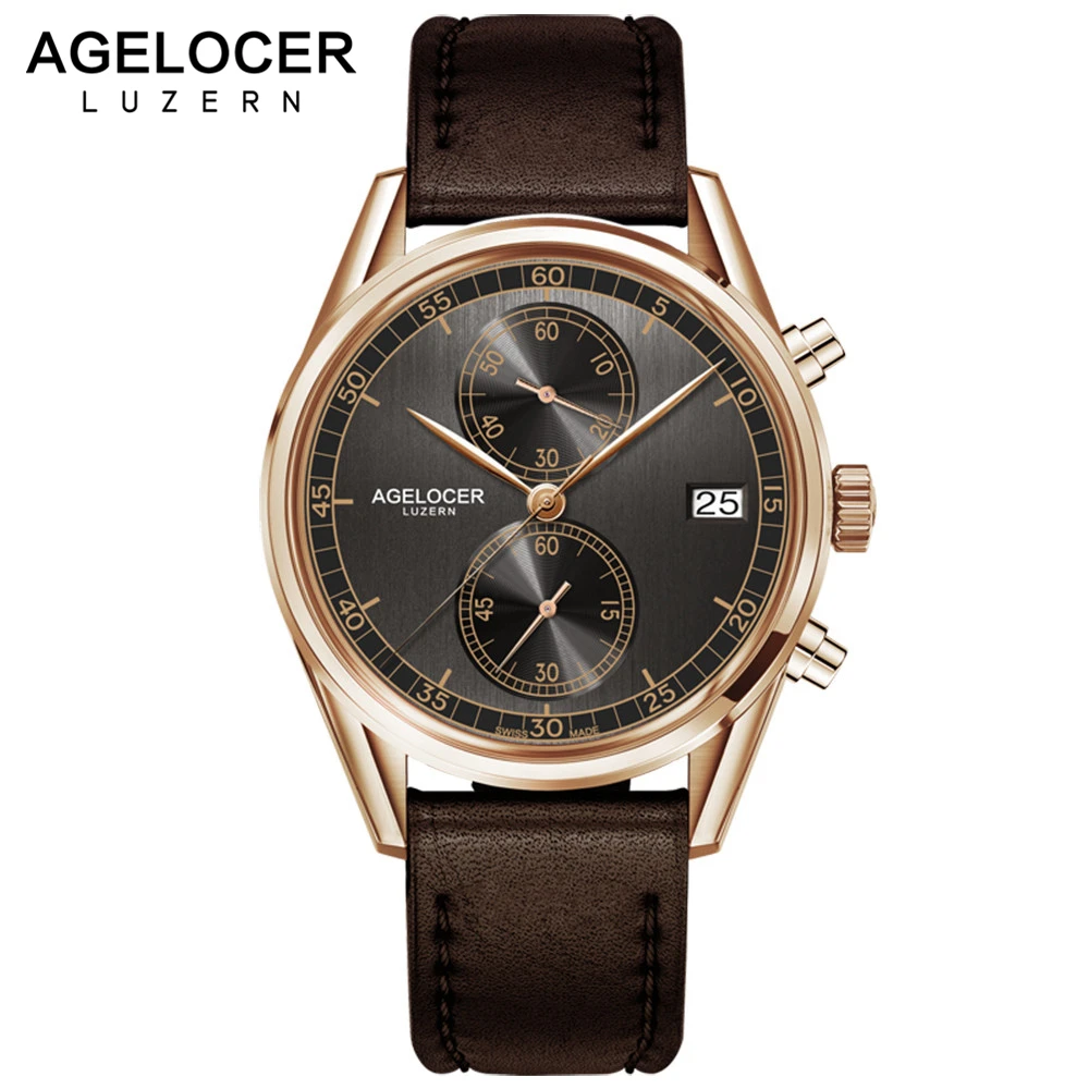 

Agelocer Designer Watch Male Real Leather Watch Strap Black Dial Quartz Movement Wristwatches Analog Clock Auto Datemontre homme