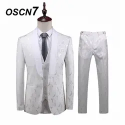 OSCN7 свободное, облегающее белый Принт 3 предмета костюмы Для мужчин 2019 жениха Свадебные костюмы для мужчин модные вечерние костюм из 3