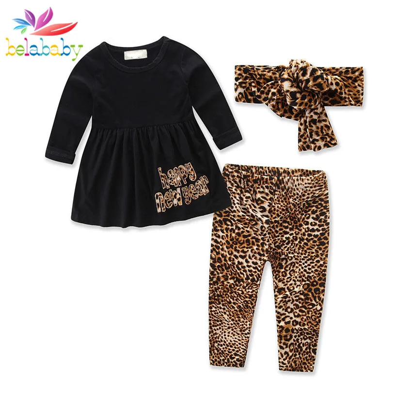 

Belababy Baby Girls Clothes Sets 3PCS Toddler Kids Long Sleeve Dress+leopard Print Pants+Headdress Autumn Fashion Suits For Girl