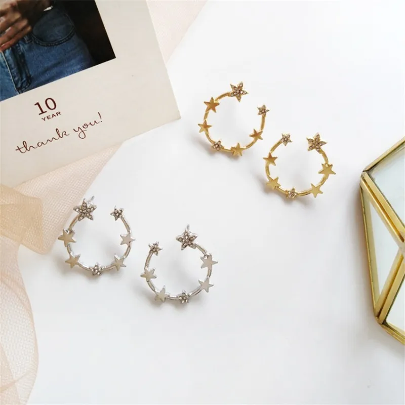 

New versatile simple C-shaped shape sparkling five-pointed star ring earrings Japan and South Korea trend personality street sho