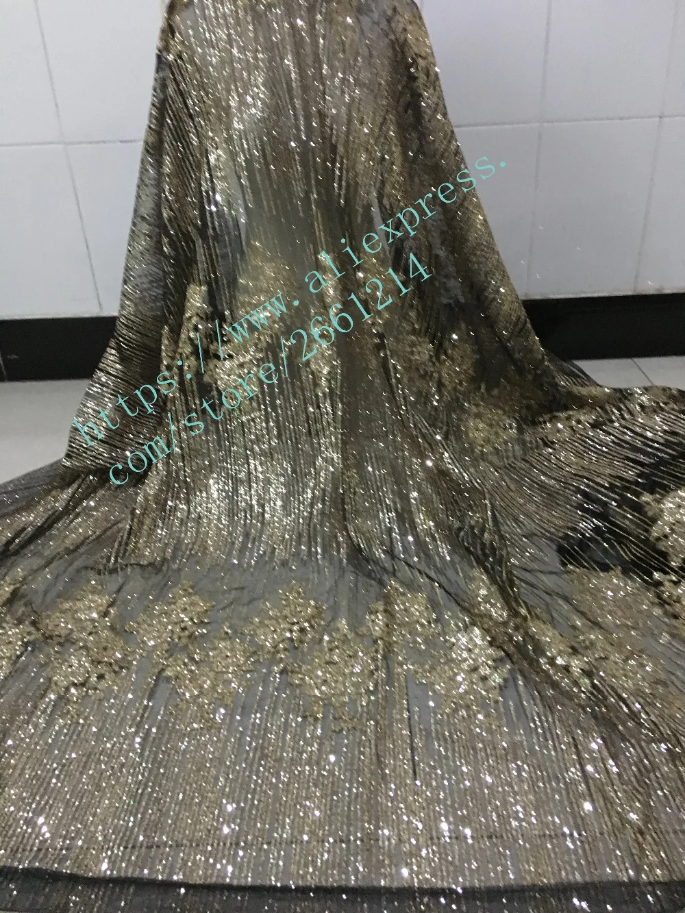 Супер качество африканские блестки черная сетка золото блестящая ткань BZL-00228 Блестящий Блестки кружевная ткань для сексуального платья