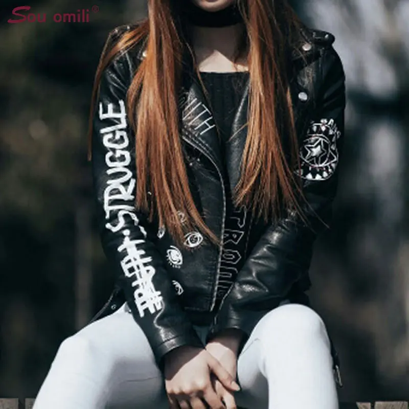 

Printed Eyes Letters Rivet Leather Jacket Women Punk Moto Coat Black simili cuir ramoneska chaqueta mujer Belt bolero