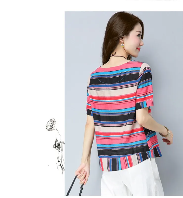 Cotton Linen Blouse Shirt Female Colourful Striped Tops Ladies 2018 New Summer Short Sleeve Women Shirts Rayas Blusas Mujer Mode (10)