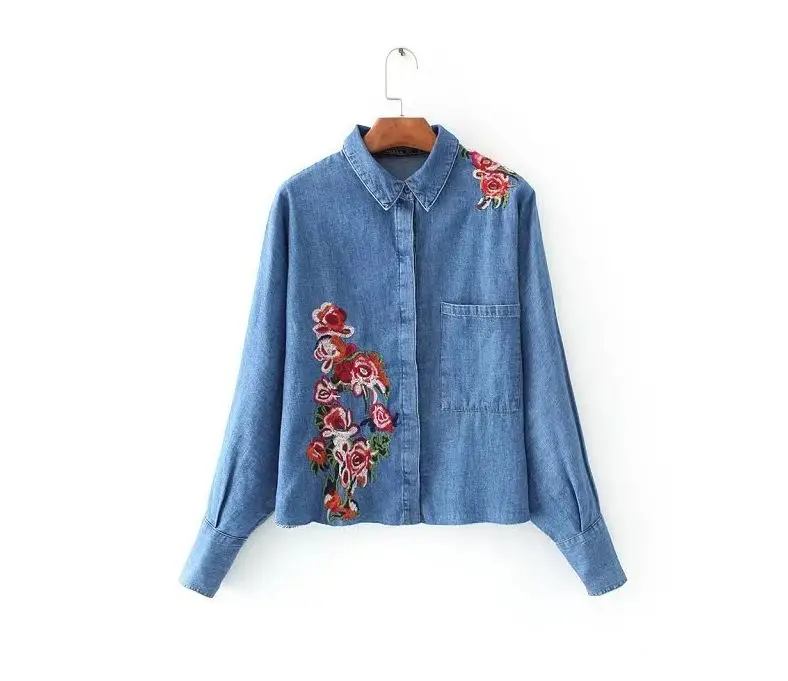 Las mujeres Camisa de Mezclilla Bordados con Flores de