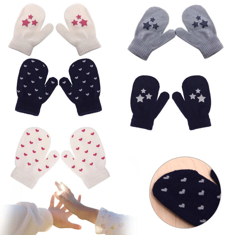KLV детские варежки в горошек со звездами и сердечками, мягкие вязаные теплые перчатки для мальчиков и девочек, модные перчатки