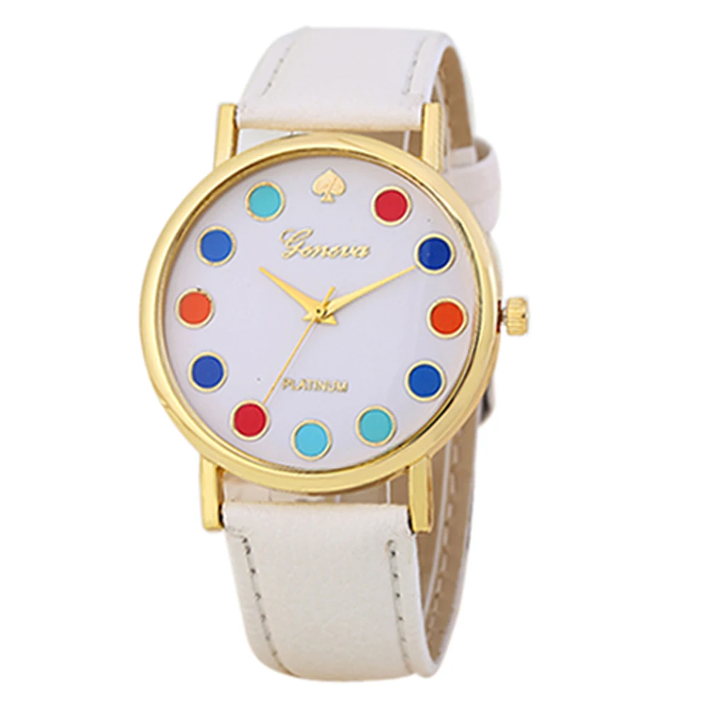 Girls Women sport watches Colorful Dots Dial Leather Band Quartz Wrist