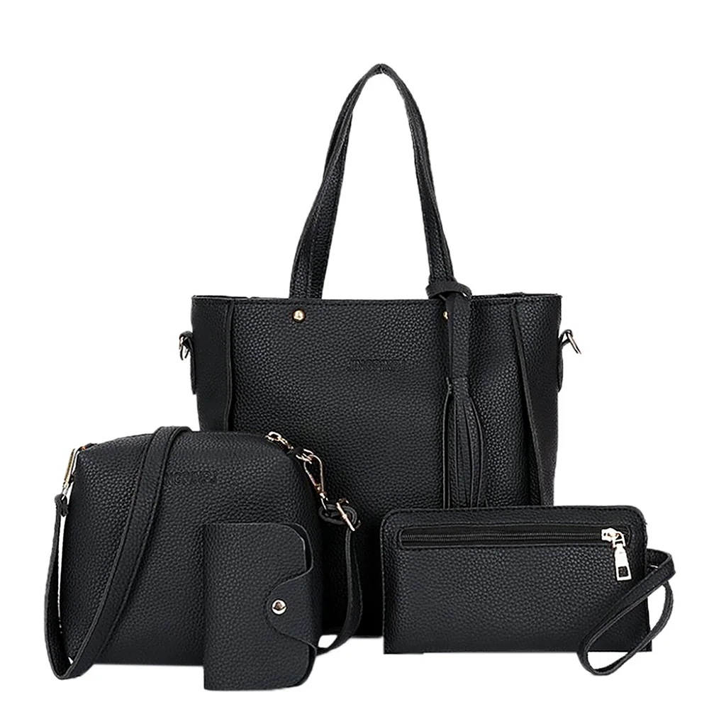 4 шт., модная сумка на плечо, набор, модная женская однотонная Повседневная сумка, сумка-тоут, кошелек, сумка, набор, сумка на плечо, сумочка для монет, сумки - Цвет: Black