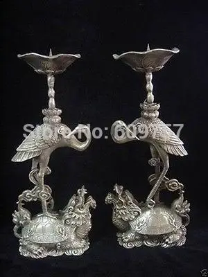 

rare luck Chinese Tibet Silver Candlestick Carved Turtle Swa Pair gift art bronze Genuine copper