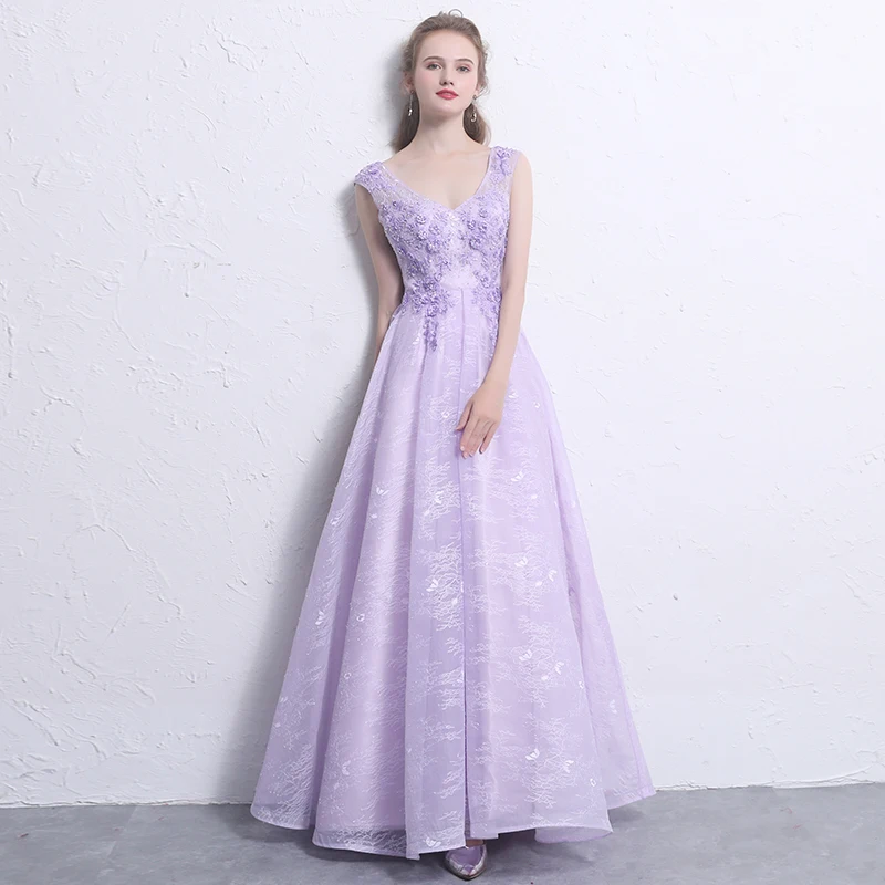 Light Purple Evening Dresses Long 2019 New Elegant V-Neck Lace Flower Floor-length Evening Gowns Robe De Soiree Avondjurk