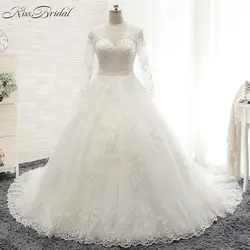 Vestido De Noiva одежда с длинным рукавом свадебное платье 2017 Sheer Тюль сзади Кружево Аппликации Свадебные платья из бисера ремень невесты Платья