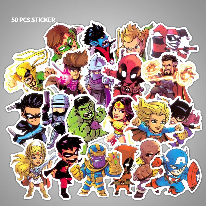 50Pcs Marvel The Avengers Cartoon Sticker Waterproof For Laptop Moto Skateboard Luggage Guitar Furnitur Decal Toy Stickers huismerk kopen in de aanbieding