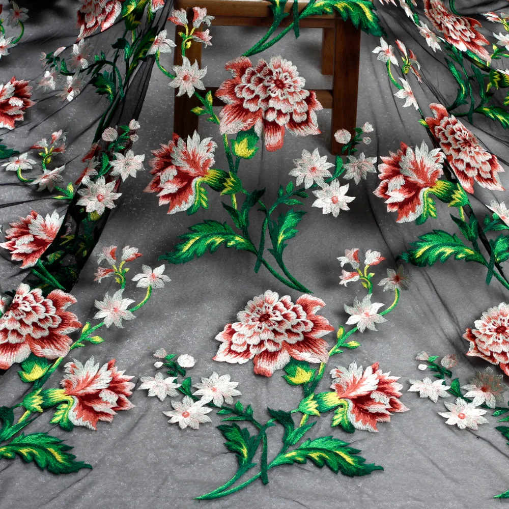 

High quality green mixed color on black netting embroidered lace fabric 130cm by yard