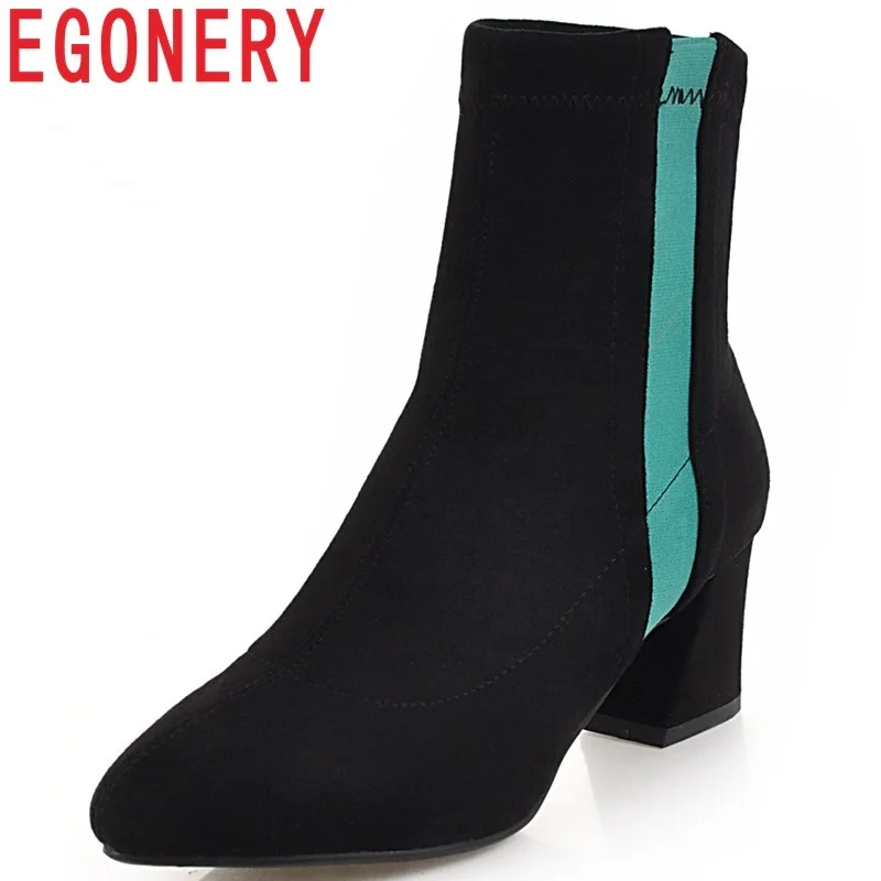 

EGONERY women shoes 2018 new fashion sexy high square heel pointed toe mixed colors slip-on flock winter ankle boots size 33-43