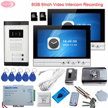 9inch Video Intercom For The Apartment Video Intercom With Recording With 2 Monitors + 8GB TF Card Intercom Rfid Door Lock Kit