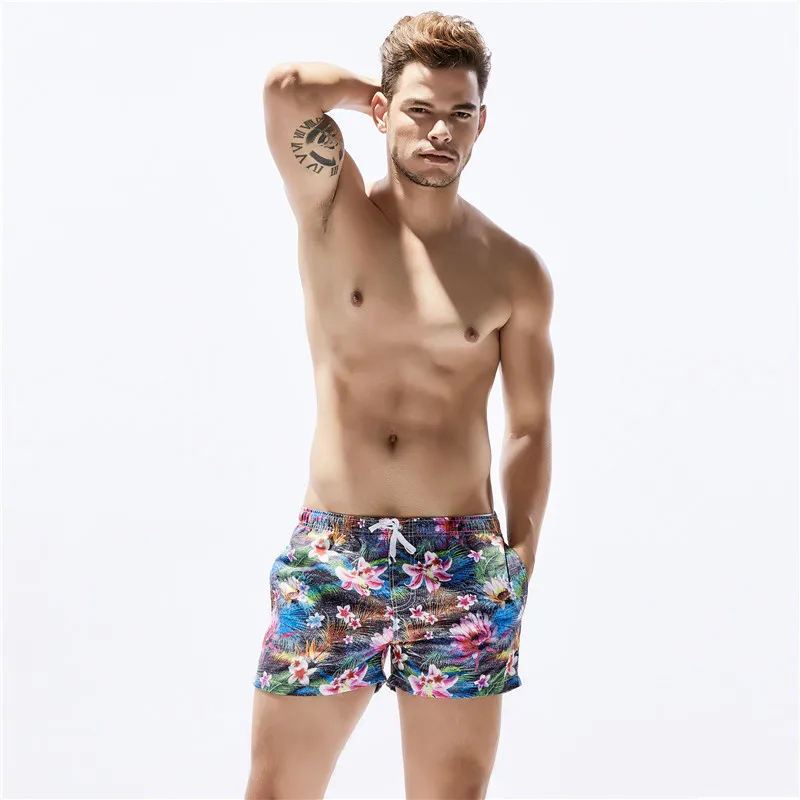 Y254, цветочный принт, мужские купальные шорты, пляжные шорты для плавания, мужские купальные костюмы, пляжные шорты для серфинга, бассейна, плавки, спа, купальные костюмы - Цвет: Черный