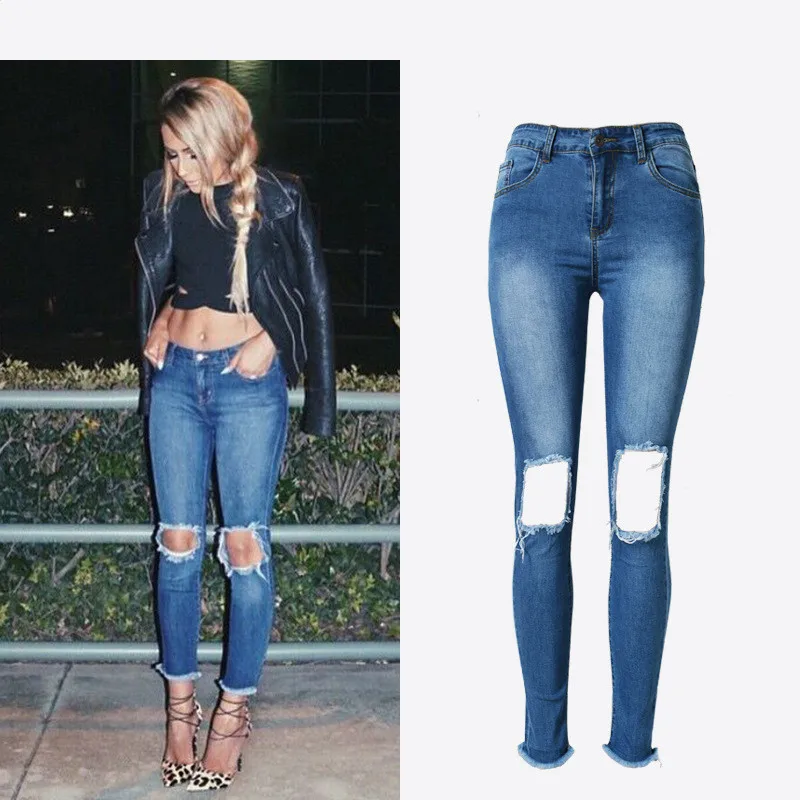 2016 New Women Ripped Jeans Full Length High Waist Skinny