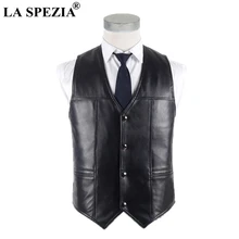 LA SPEZIA Men Sheepskin Vest Real Leather Waistcoat Plus Size Black Genuine Leather Jacket Male Luxurious Vest For Spring Autumn