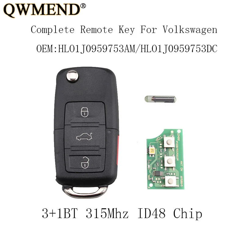 QWMEND 3+ 1 кнопки 315 МГц дистанционный брелок для VW Jetta Passat 2002-2005 1J0959753AM для VW Volkswagen 1J0959753DC ID48 чип