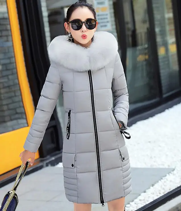 Зимняя куртка Женская Толстая теплая с капюшоном с меховым воротником Тонкая Высококачественная пуховая хлопковая парка длинное элегантное пальто размера плюс 3XL - Цвет: gray