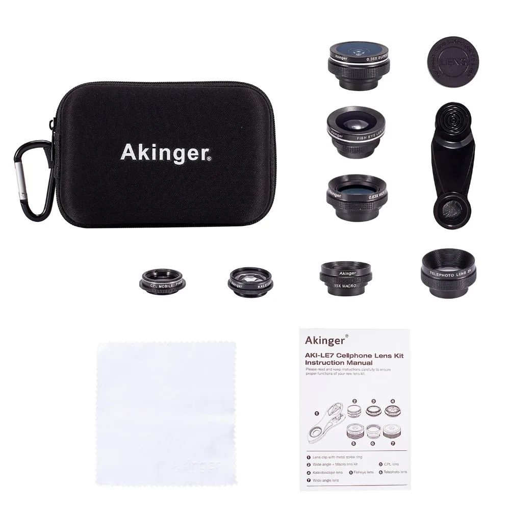 

Akinger Cell Phone Camera Lens Kit 7 in 1 lens Kit Fisheye Wide Angle macro etc. for iphone xiaomi samsung galaxy android phones