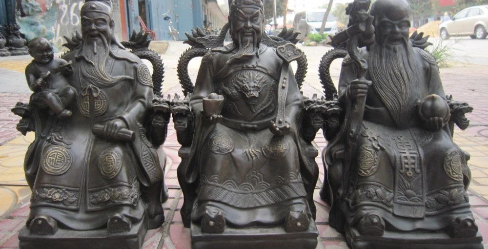 

14"Chinese Bronze Blessing Fu Lu Shou 3 Mammon immortal God On Dragon Ruyi Set