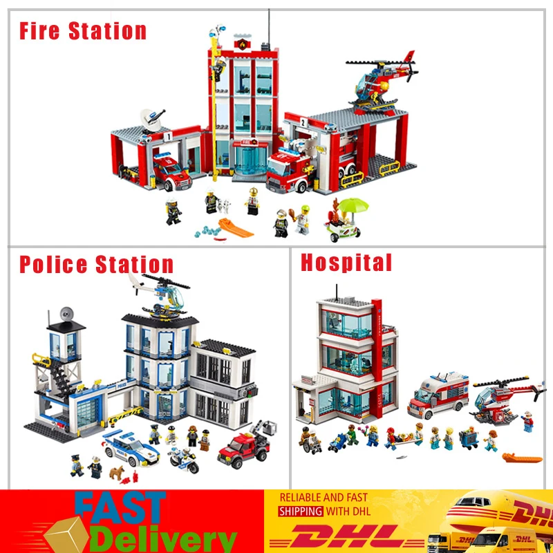 

Lepin 02020 Police Station+ 02052 Fire Station +02113 Hospital Model Building Blocks Bricks Toys Compatible LegoINGlys 60141