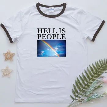 

hahayule 1pcs Hell Is People Letter Rainbow Printed Loose Women White Black Cotton Short Sleeve Tshirts
