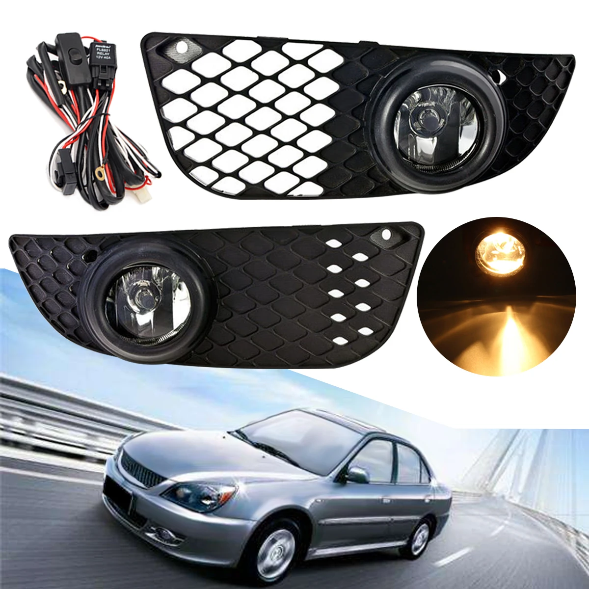 

for Mitsubishi/Lancer Pair H11 Car Front Fog Driving Lights Bumper Grille Cover Trim+Hook-up Wire Switch Kit
