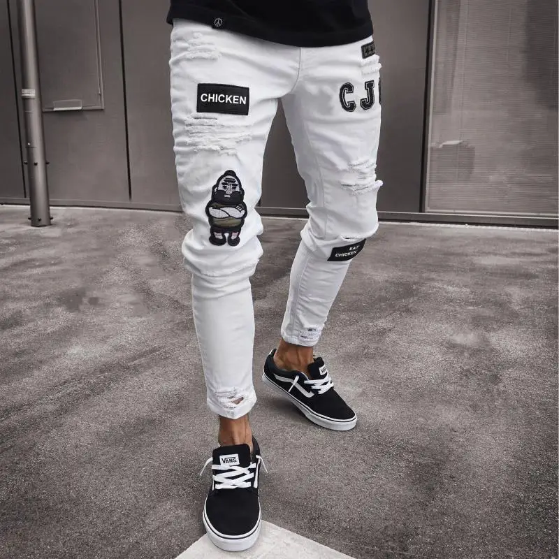 

2019 Men skinny Fit Zipper Denim Jeans Skinny Frayed Hi-Street Men Pants Distressed Hole Trousers Joggers