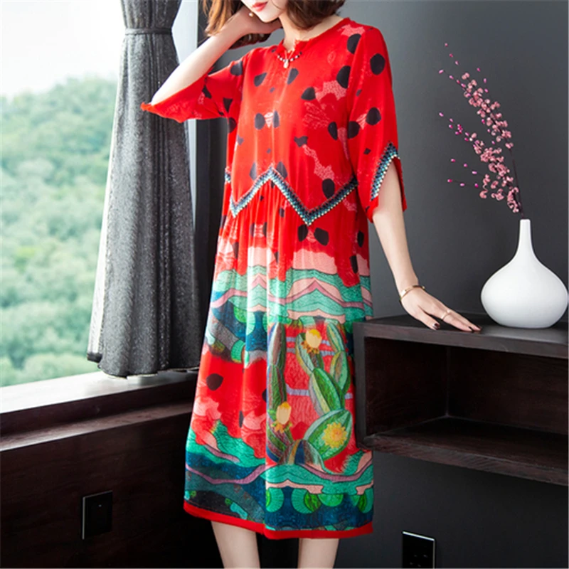 

Summer New 2019 Women Round Neck Print Silk Dress Half Sleeve Plus Size 3XL Loose Dresses for Women Red Dress Vestidos